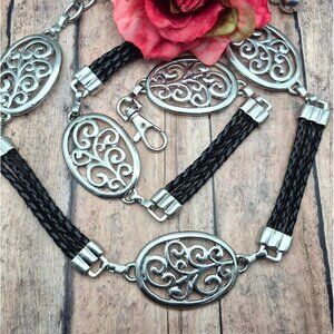 Ladies Silver Tone & Black Faux Leather Chain Belt Oval Swirl Size S Western